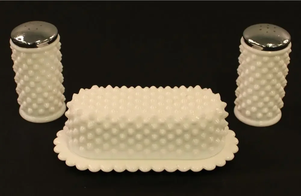 Milk Glass Hobnail Vintage Glass Butter Dish and Salt and Pepper Shakers